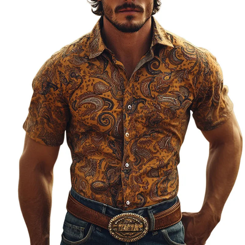 Men'S Retro Western Cowboy Style Perris Print Lapel Short Sleeve Shirt MTA0984E0TO sold by Manly