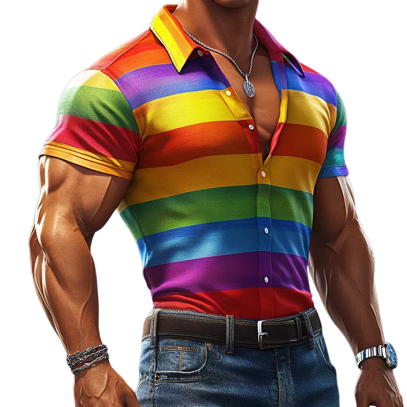 Men'S Retro Casual Rainbow Stripe Print Elastic Lapel Short Sleeve Shirt MTA0986E7TO sold by Manly