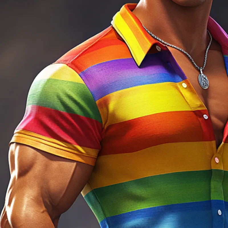 Men'S Retro Casual Rainbow Stripe Print Elastic Lapel Short Sleeve Shirt MTA0986E7TO sold by Manly product image thumbnail 3