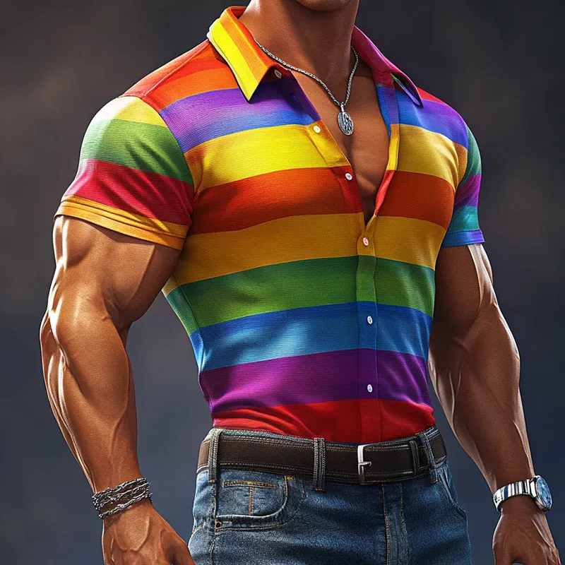 Men'S Retro Casual Rainbow Stripe Print Elastic Lapel Short Sleeve Shirt MTA0986E7TO sold by Manly product image thumbnail 2