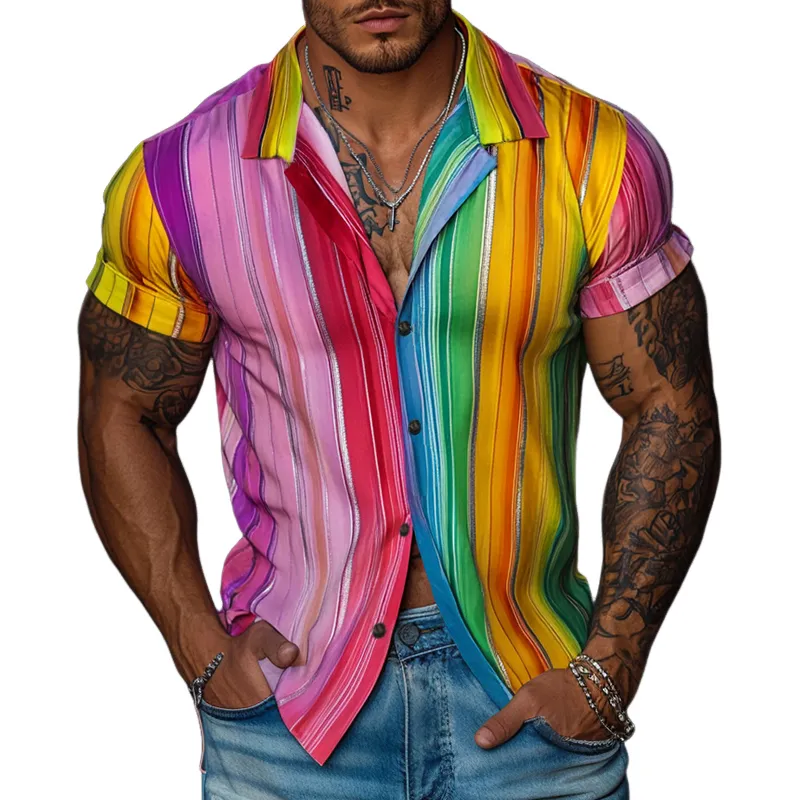 Men'S Retro Casual Rainbow Stripe Print Lapel Short Sleeve Shirt MTA0979E6TO sold by Manly