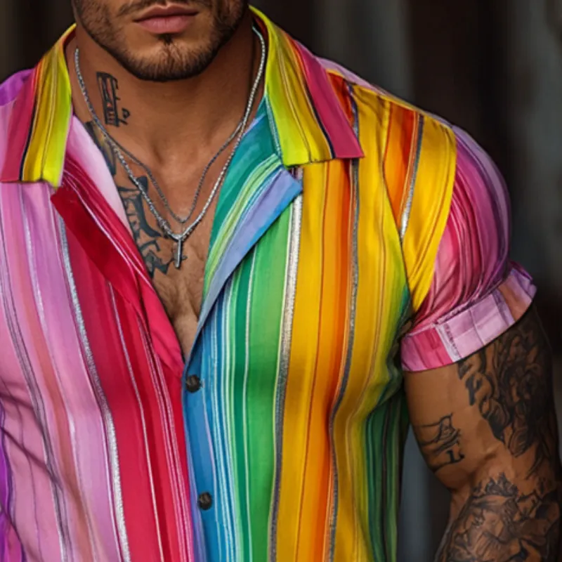 Men'S Retro Casual Rainbow Stripe Print Lapel Short Sleeve Shirt MTA0979E6TO sold by Manly product image thumbnail 3