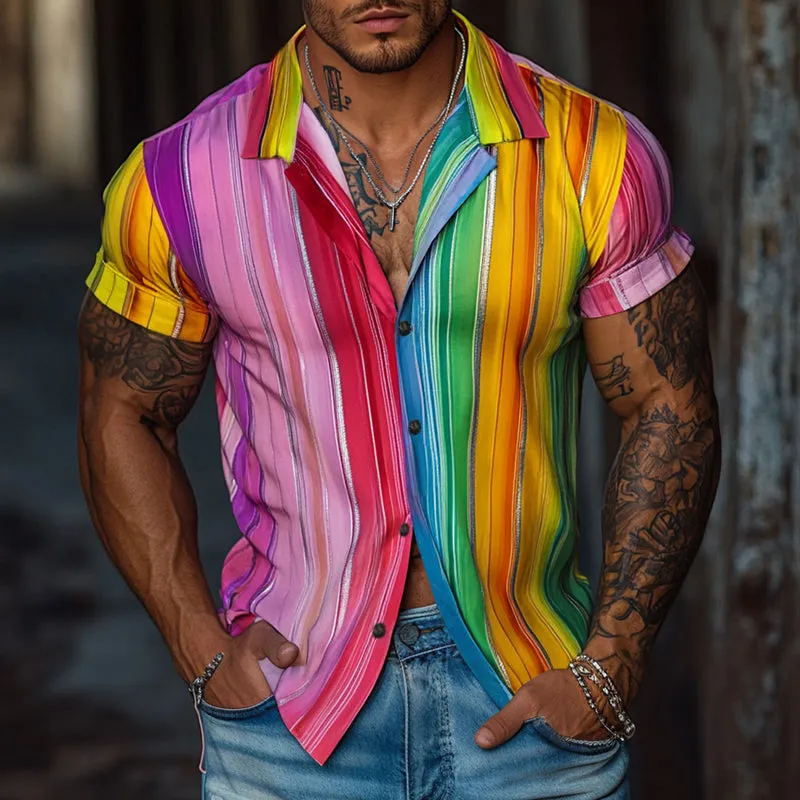 Men'S Retro Casual Rainbow Stripe Print Lapel Short Sleeve Shirt MTA0979E6TO sold by Manly product image thumbnail 2