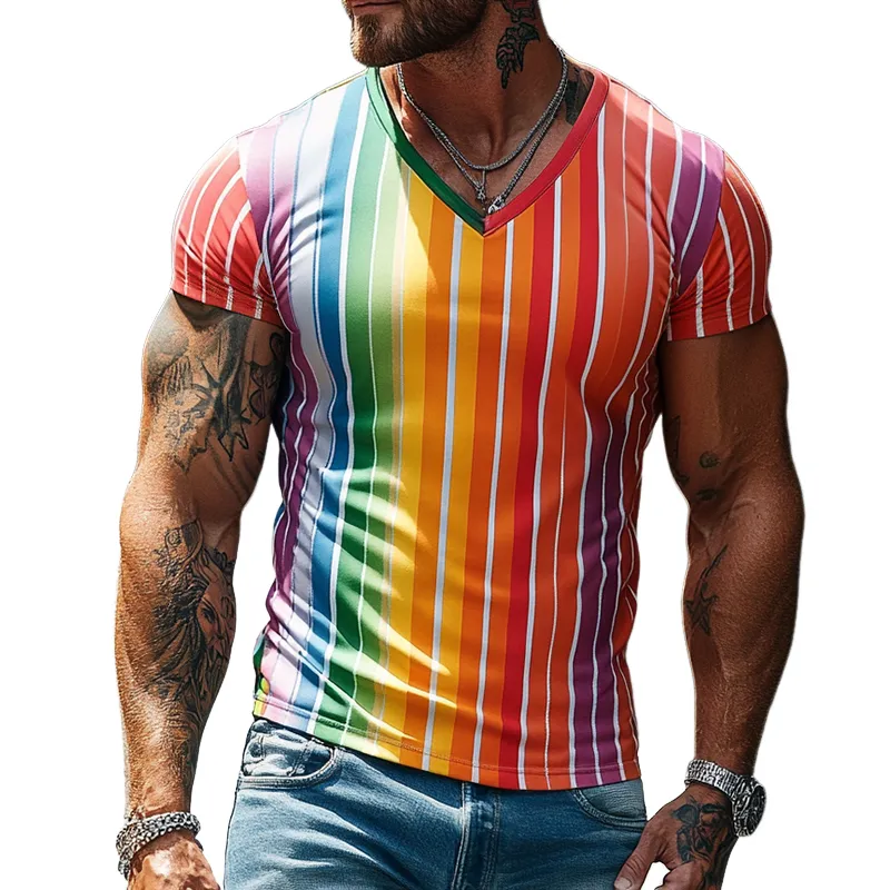 Men'S Retro Casual Rainbow Stripe Print V-Neck Short Sleeve T-Shirt MTA0988E4TO sold by Manly