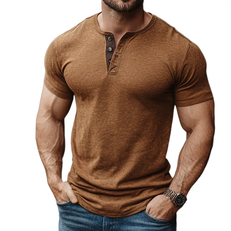 Men'S Vintage Casual Cotton Washed Henley Collar Short Sleeve T-Shirt MTA0921E7TO sold by Manly