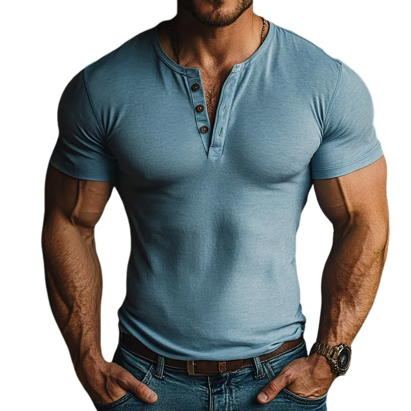 Men'S Vintage Casual Cotton Washed Henley Collar Short Sleeve T-Shirt MTA0976E5TO sold by Manly