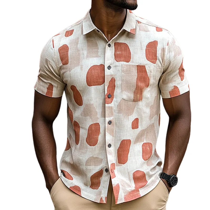 Men'S Retro Casual Geometric Contrast Print Linen Lapel Short Sleeve Shirt MTA0922E9TO sold by Manly