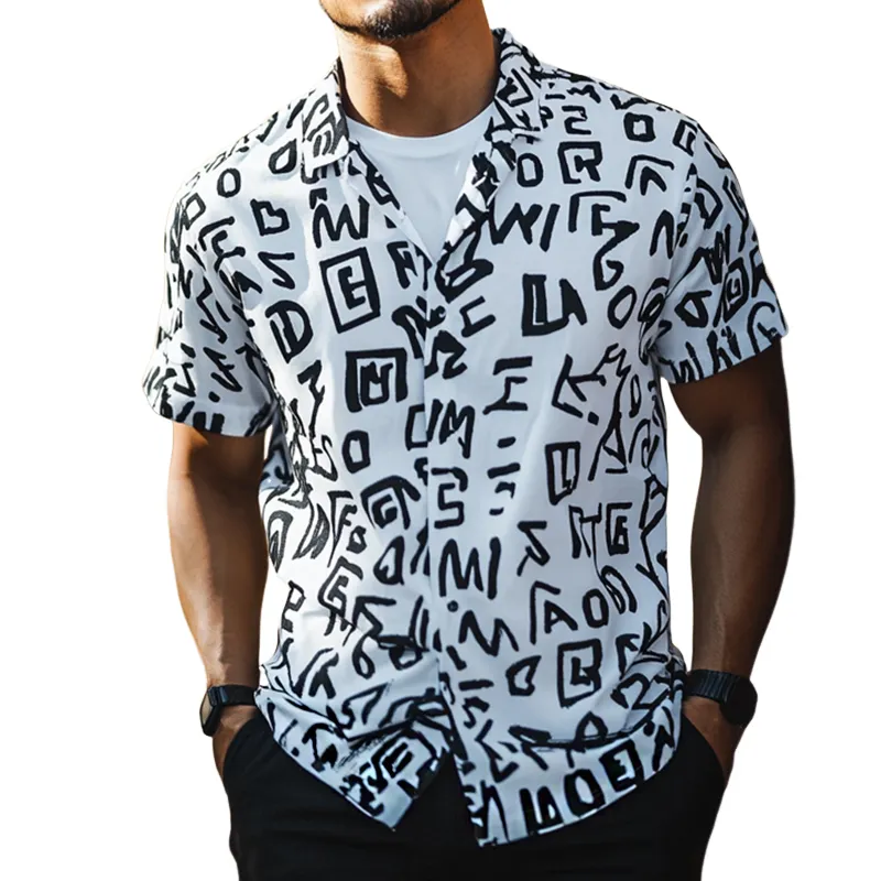 Men'S Retro Casual Letter Print Lapel Short Sleeve Shirt MTA0994E5TO sold by Manly