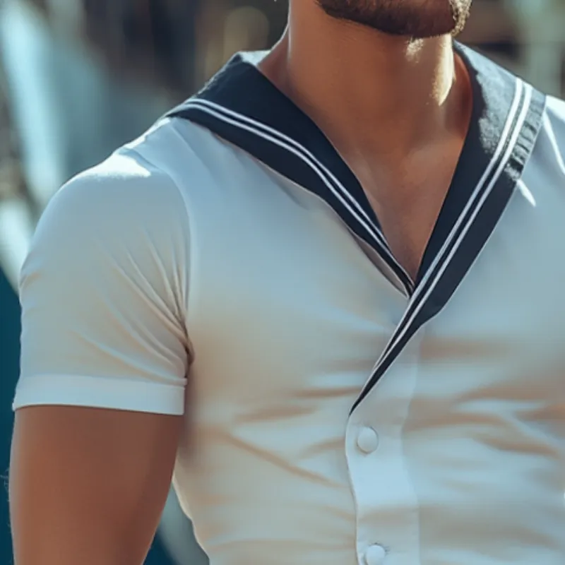 Men'S Retro Casual Sailor Striped V-Neck Short Sleeve Shirt MTA0901E7TO sold by Manly product image thumbnail 3