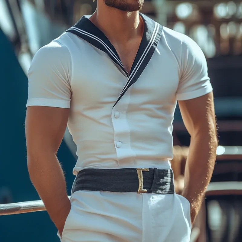 Men'S Retro Casual Sailor Striped V-Neck Short Sleeve Shirt MTA0901E7TO sold by Manly product image thumbnail 2