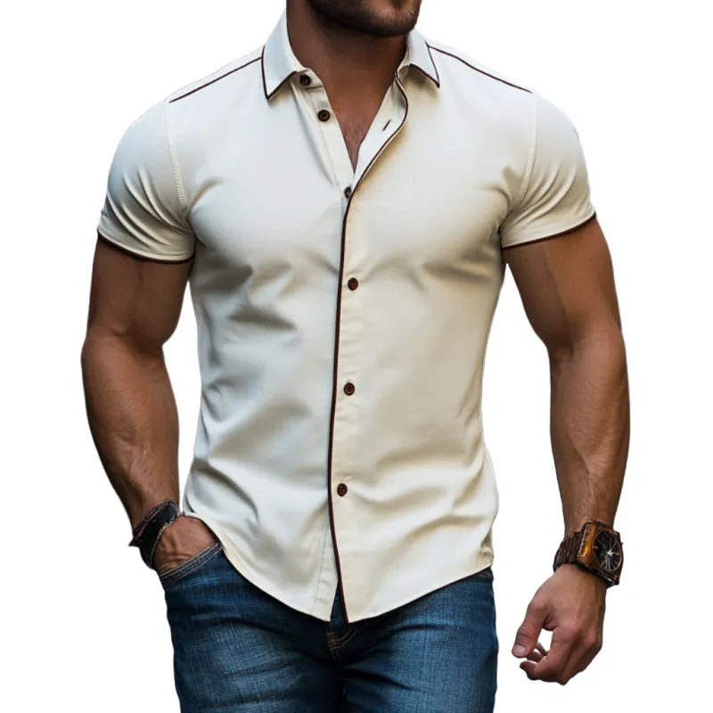 Men's Casual Premium Cotton Contrast Trim Lapel Single Breasted Slim Fit Short Sleeve Shirt MTA0842E7M sold by Manly