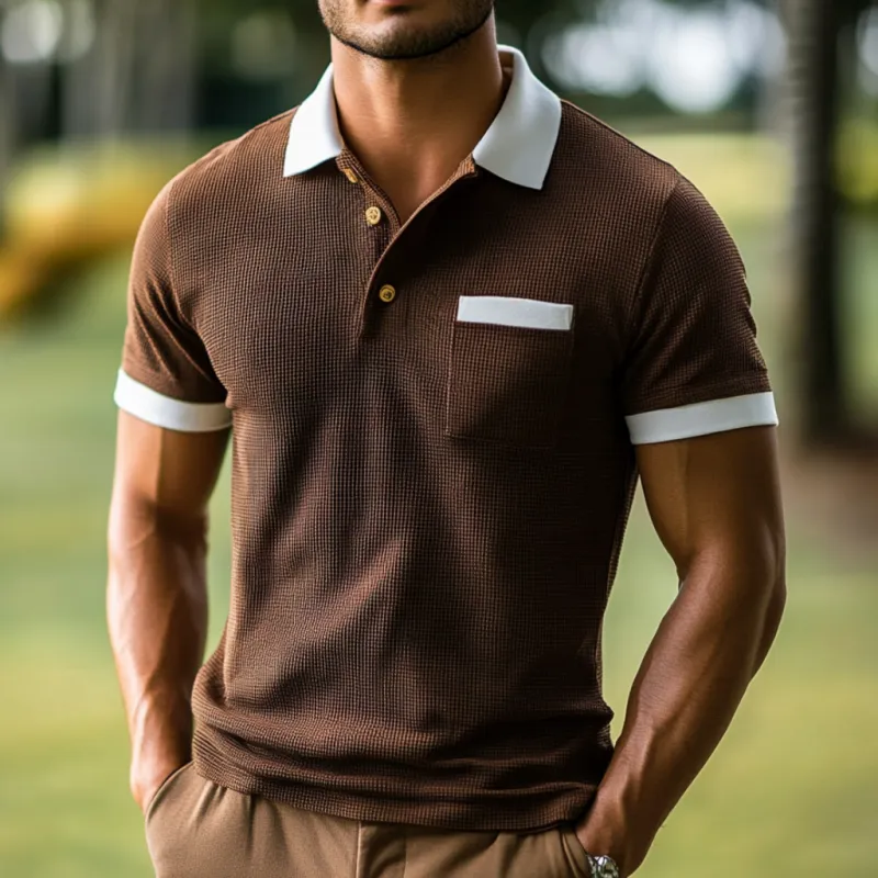 Men's Casual Cotton Blend Waffle Colorblock Lapel Slim Fit Short Sleeve Polo Shirt MTA0814E4M sold by Manly product image thumbnail 2
