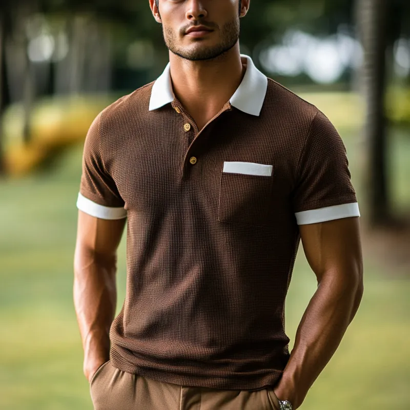 Men's Casual Cotton Blend Waffle Colorblock Lapel Slim Fit Short Sleeve Polo Shirt MTA0814E4M sold by Manly product image thumbnail 3