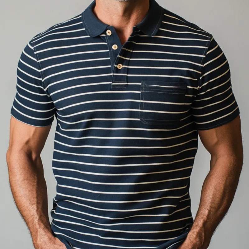 Men's Casual Cotton Striped Colorblock Lapel Patch Pocket Slim Fit Short Sleeve Polo Shirt MTA0981E5M sold by Manly product image thumbnail 3