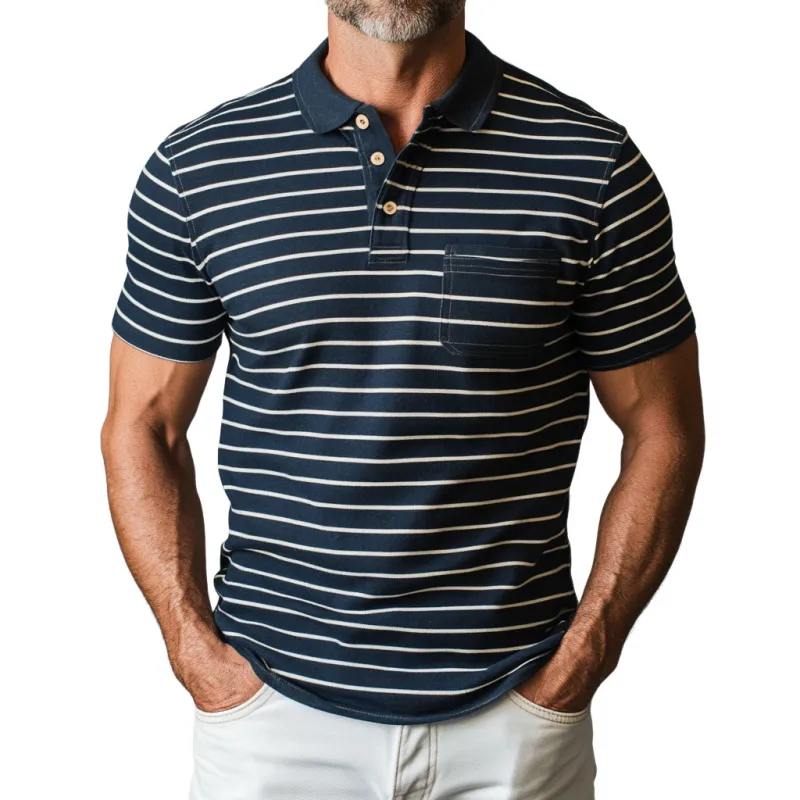 Men's Casual Cotton Striped Colorblock Lapel Patch Pocket Slim Fit Short Sleeve Polo Shirt MTA0981E5M sold by Manly