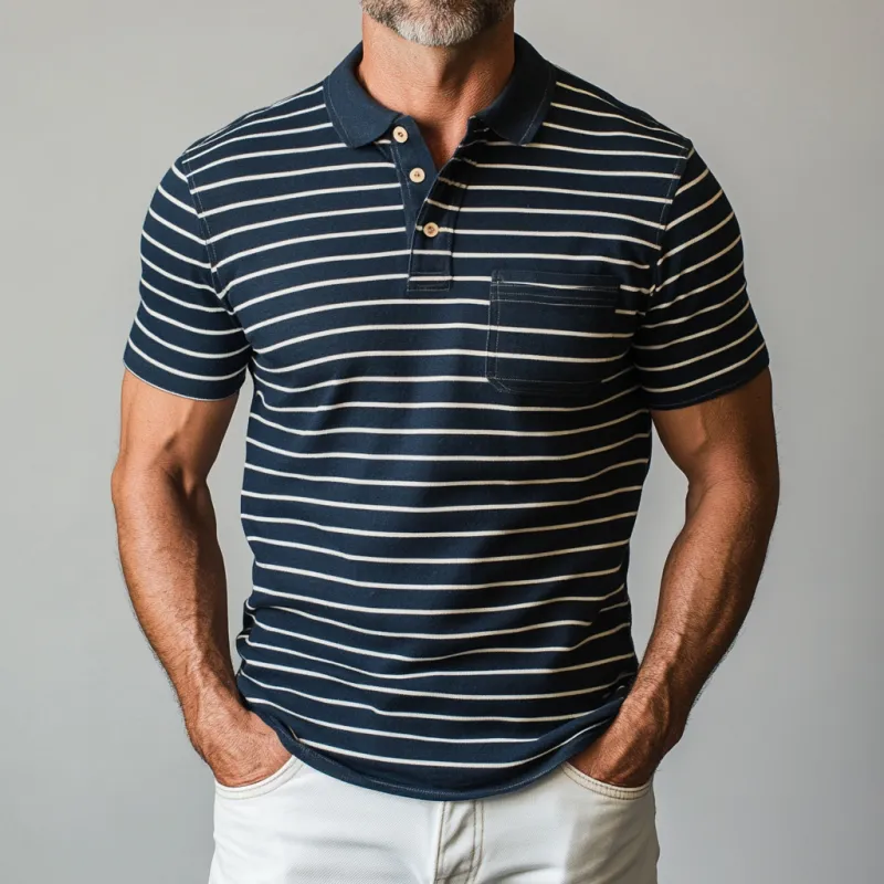 Men's Casual Cotton Striped Colorblock Lapel Patch Pocket Slim Fit Short Sleeve Polo Shirt MTA0981E5M sold by Manly product image thumbnail 2