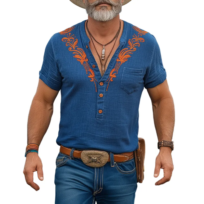 Men's Spring And Summer New Casual Vacation Retro Western Cowboy Style Cotton And Linen Embroidered Henry Collar Short-Sleeved T-Shirt MTA0918E3K sold by Manly