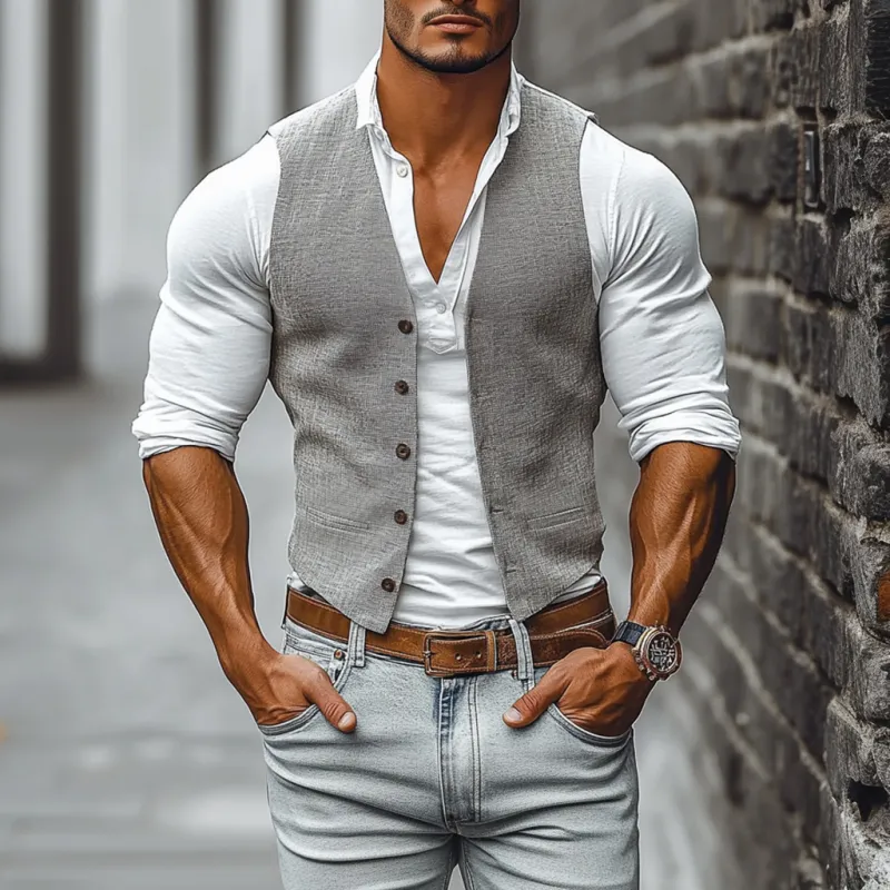 Men's Casual Breathable Linen V-Neck Single-Breasted Slim Fit Suit Vest MTA0981E7M sold by Manly product image thumbnail 3