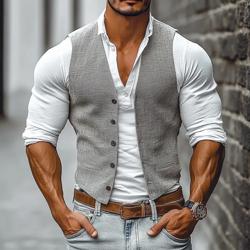 Men's Casual Breathable Linen V-Neck Single-Breasted Slim Fit Suit Vest MTA0981E7M sold by Manly product image thumbnail 2