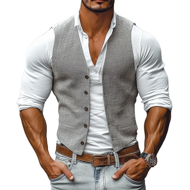 Men's Casual Breathable Linen V-Neck Single-Breasted Slim Fit Suit Vest MTA0981E7M sold by Manly
