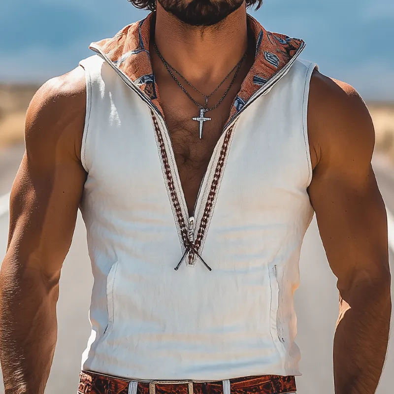 Men's Spring And Summer New Fashion Retro Western Cowboy Style Suede Hooded Printed Ribbon Deep V-Neck Tank Top MTA0956E8K sold by Manly product image thumbnail 4