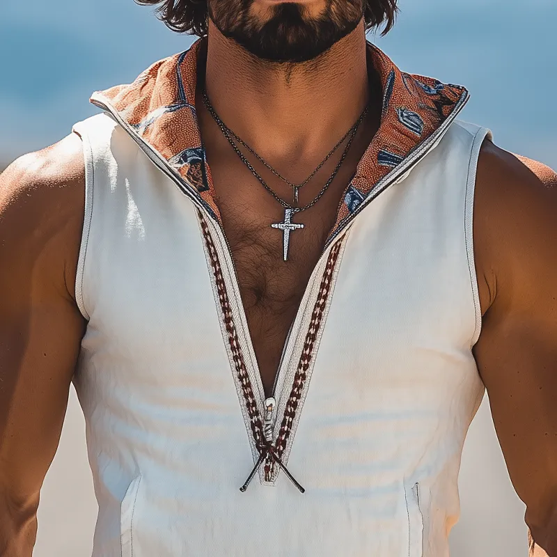 Men's Spring And Summer New Fashion Retro Western Cowboy Style Suede Hooded Printed Ribbon Deep V-Neck Tank Top MTA0956E8K sold by Manly product image thumbnail 5