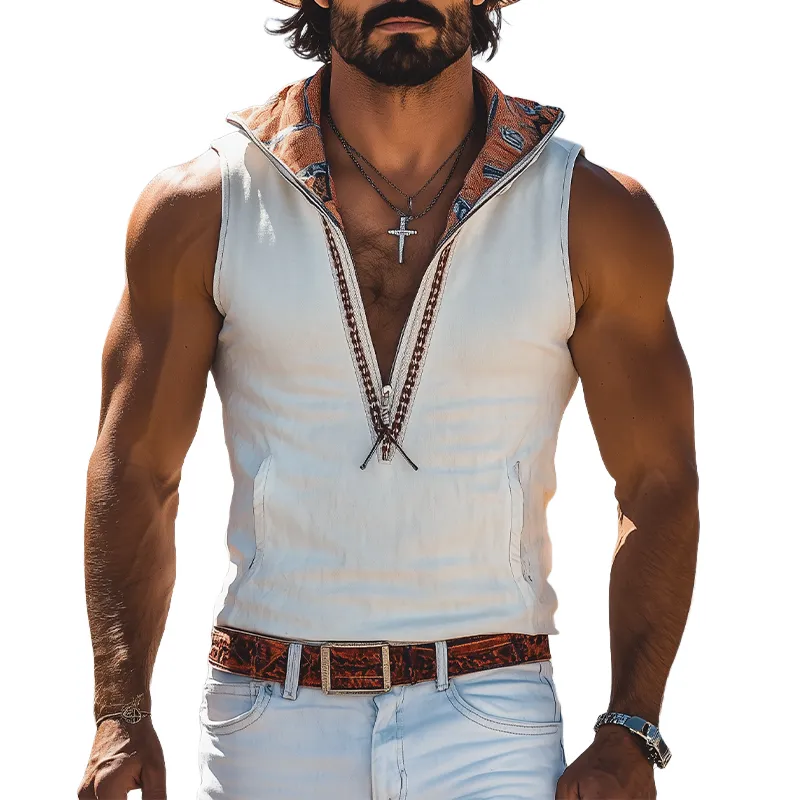 Men's Spring And Summer New Fashion Retro Western Cowboy Style Suede Hooded Printed Ribbon Deep V-Neck Tank Top MTA0956E8K sold by Manly