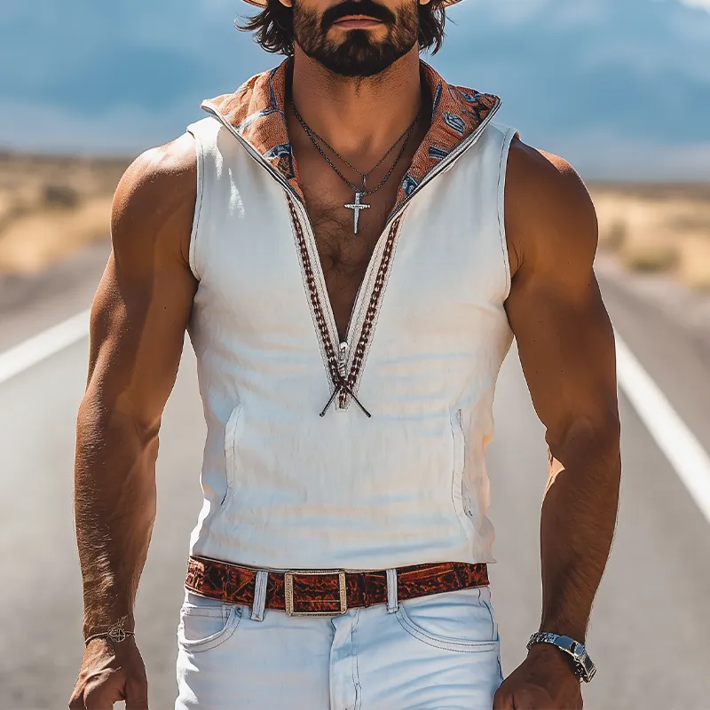 Men's Spring And Summer New Fashion Retro Western Cowboy Style Suede Hooded Printed Ribbon Deep V-Neck Tank Top MTA0956E8K sold by Manly product image thumbnail 3