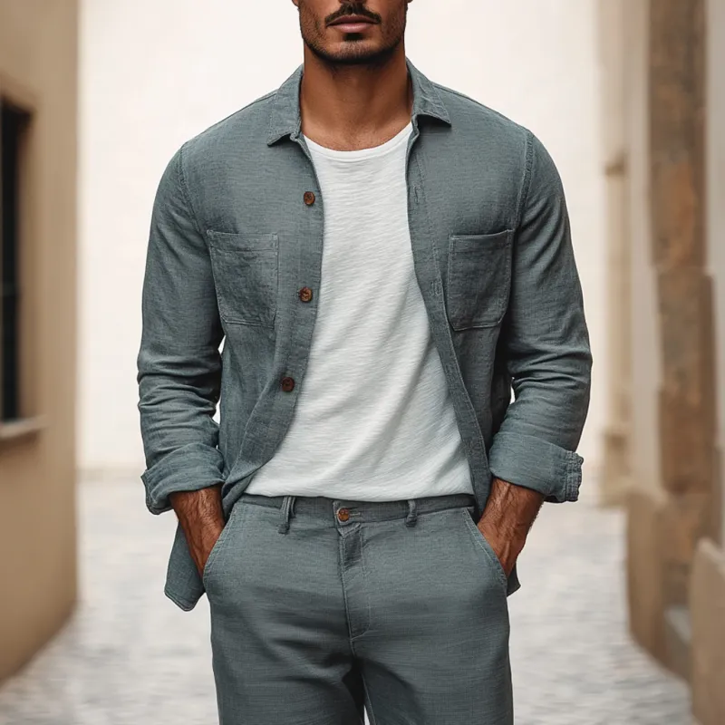 Men's Casual Breathable Linen Lapel Patch Pocket Loose Long Sleeve Shirt MTA0991E4M sold by Manly product image thumbnail 3