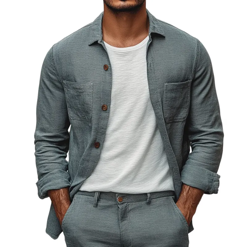 Men's Casual Breathable Linen Lapel Patch Pocket Loose Long Sleeve Shirt MTA0991E4M sold by Manly