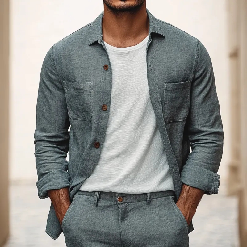 Men's Casual Breathable Linen Lapel Patch Pocket Loose Long Sleeve Shirt MTA0991E4M sold by Manly product image thumbnail 2