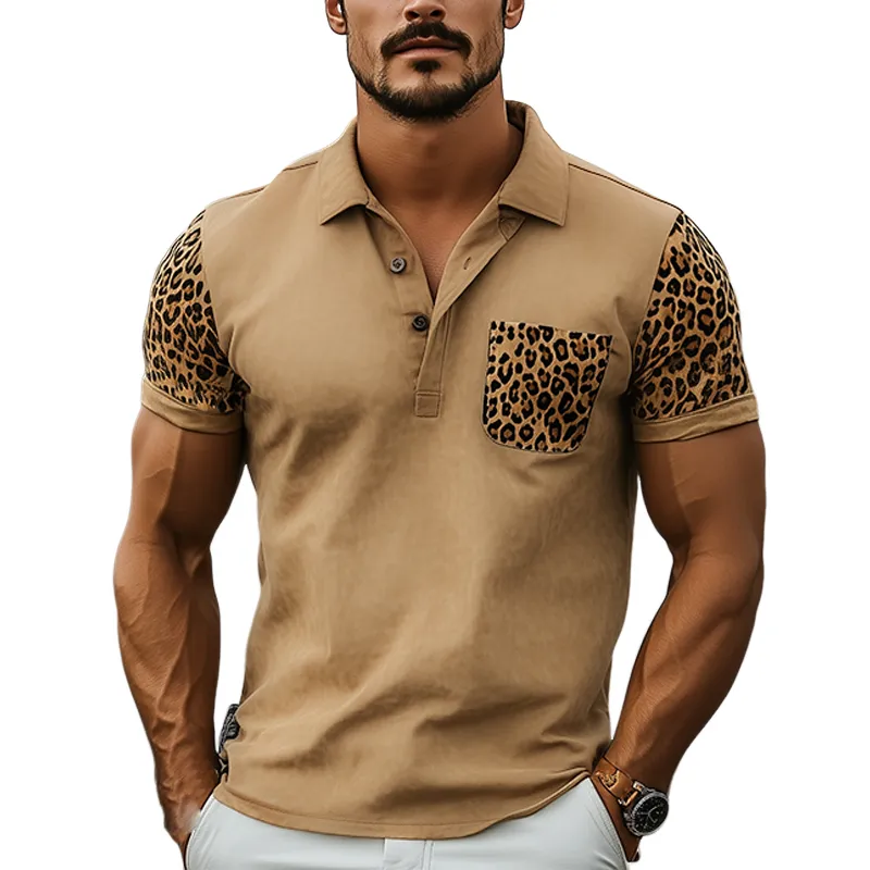 Men's New Spring And Summer Fashion Classic Retro Western Cowboy Style Suede Stitching Leopard Print Slim Short-Sleeved Polo Shirt MTA0982E3K sold by Manly