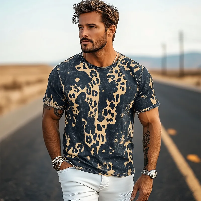 Men's Spring And Summer New Fashion Casual Retro Western Cowboy Style Distressed Leopard Print Cotton Blended Print Short-Sleeved T-Shirt MTA0900E7K sold by Manly product image thumbnail 3