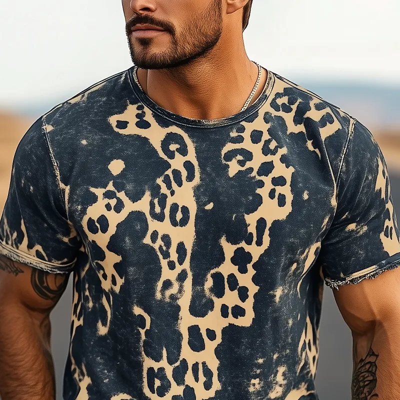 Men's Spring And Summer New Fashion Casual Retro Western Cowboy Style Distressed Leopard Print Cotton Blended Print Short-Sleeved T-Shirt MTA0900E7K sold by Manly product image thumbnail 4