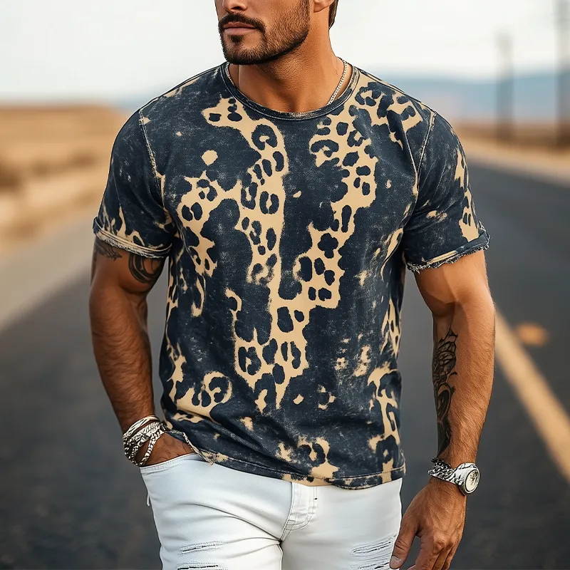 Men's Spring And Summer New Fashion Casual Retro Western Cowboy Style Distressed Leopard Print Cotton Blended Print Short-Sleeved T-Shirt MTA0900E7K sold by Manly product image thumbnail 2