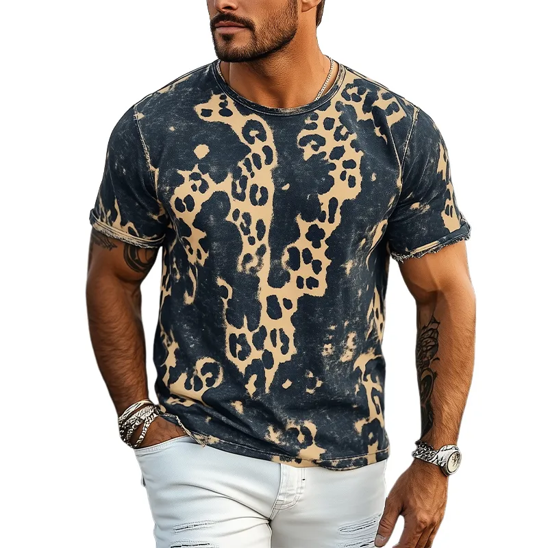 Men's Spring And Summer New Fashion Casual Retro Western Cowboy Style Distressed Leopard Print Cotton Blended Print Short-Sleeved T-Shirt MTA0900E7K sold by Manly