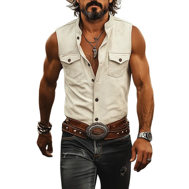 Men's Spring And Summer New Classic Retro Western Cowboy Style Suede Stand Collar Slim Sleeveless Shirt MTA0930E0K sold by Manly