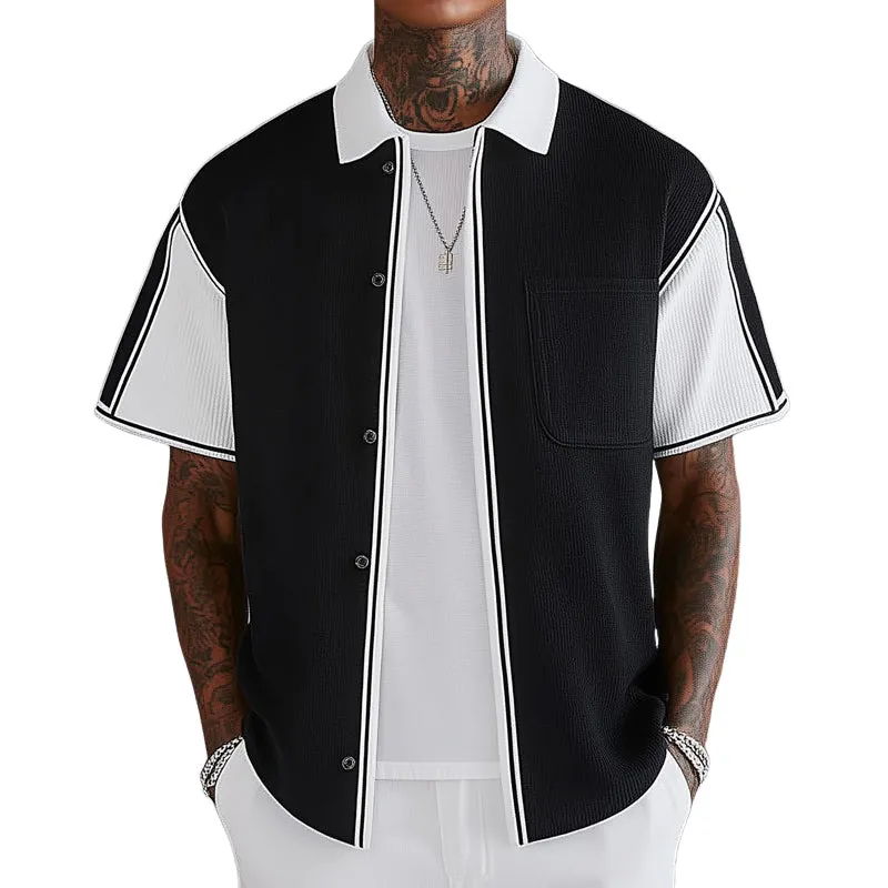 Men's Business Black And White Stitching Knitted Short-Sleeved Shirt MTA0984E5U sold by Manly