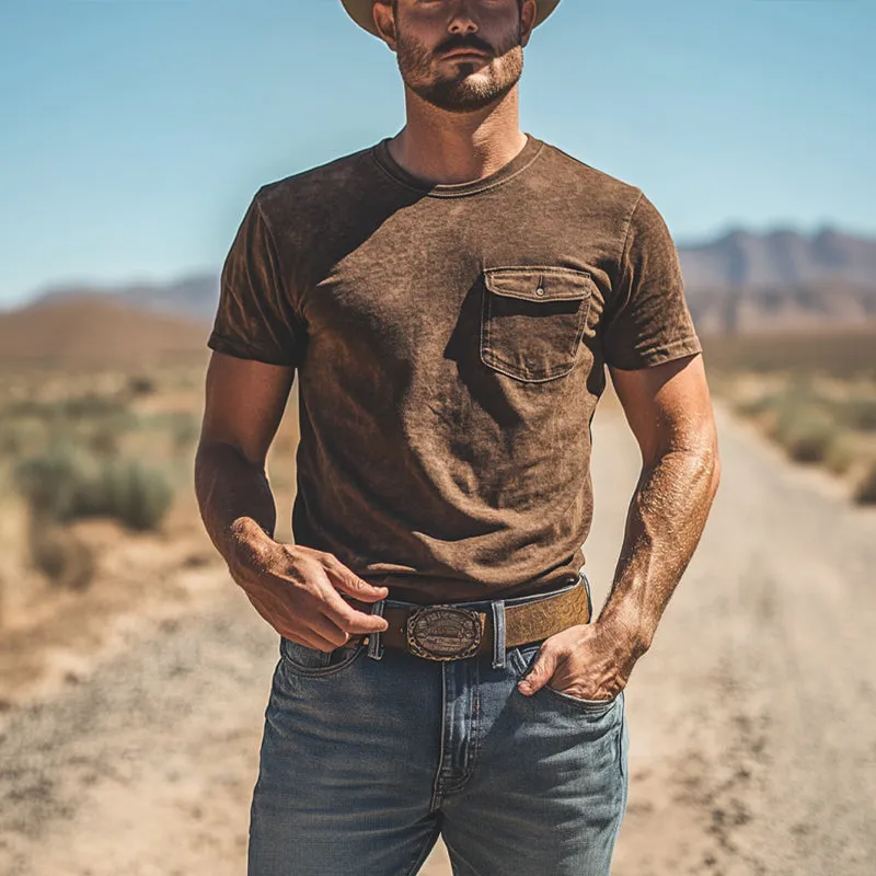 Men's Western Vintage Style Round Neck Short Sleeve T-Shirt MTA0998E2X sold by Manly product image thumbnail 4
