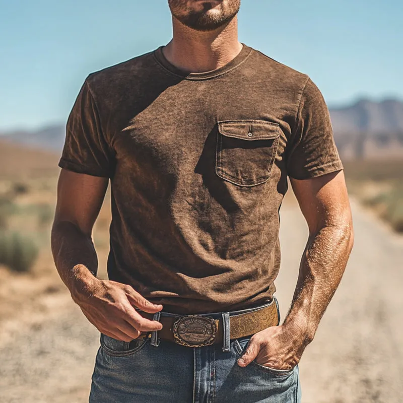 Men's Western Vintage Style Round Neck Short Sleeve T-Shirt MTA0998E2X sold by Manly product image thumbnail 2