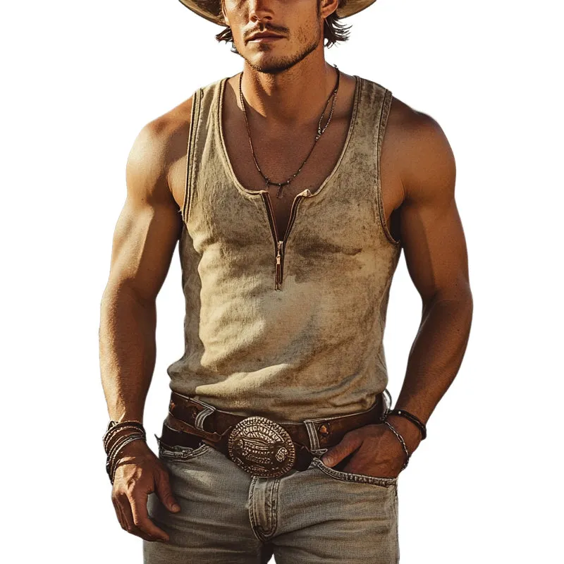 Men's Western Cowboy Style Retro Zip Tank Top MTA0956E1X sold by Manly