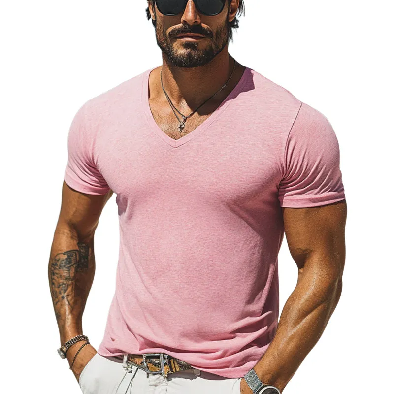 Men's Solid Color Casual Short Sleeve V Neck T-Shirt MTA0950E4X sold by Manly