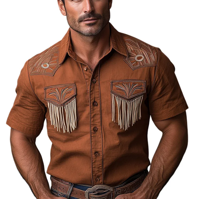 Men's Western Cowboy Style Vintage Embroidered Tassel Short Sleeve Shirt MTA0887E4U sold by Manly