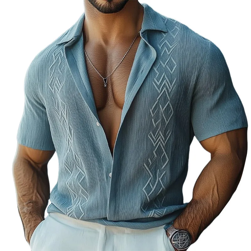 Men's Summer Casual Texture Embroidered Short Sleeve Shirt MTA0957E7U sold by Manly