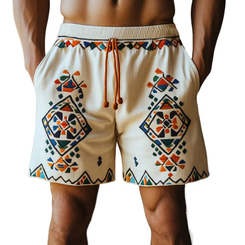 Men's Summer Cotton And Linen Retro Geometric Embroidery Shorts MTA0918E5U sold by Manly