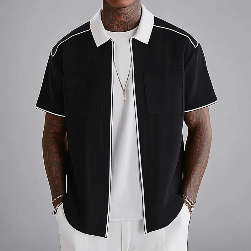 Men's Black And White Simple Zip Lapel Short Sleeve Shirt MTA0977E1U sold by Manly product image thumbnail 2