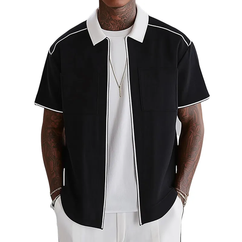 Men's Black And White Simple Zip Lapel Short Sleeve Shirt MTA0977E1U sold by Manly