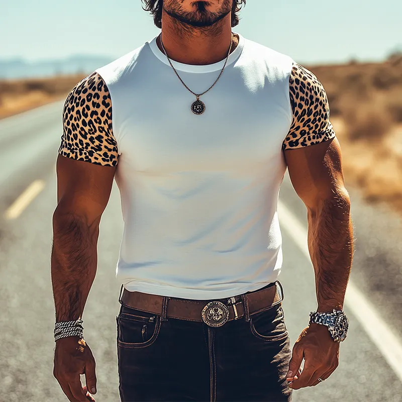 Men's Spring And Summer Classic Fashionable Western Style Cotton Blend Stitching Leopard Print Slim Short-Sleeved T-Shirt MTA0862E4K sold by Manly product image thumbnail 2