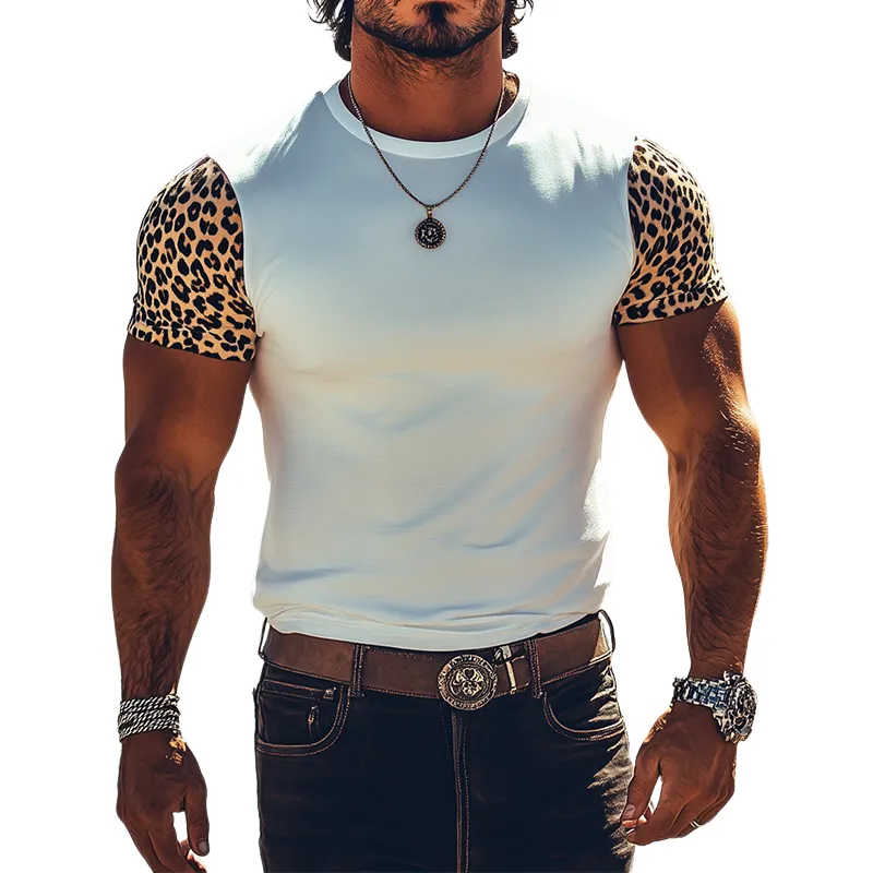 Men's Spring And Summer Classic Fashionable Western Style Cotton Blend Stitching Leopard Print Slim Short-Sleeved T-Shirt MTA0862E4K sold by Manly
