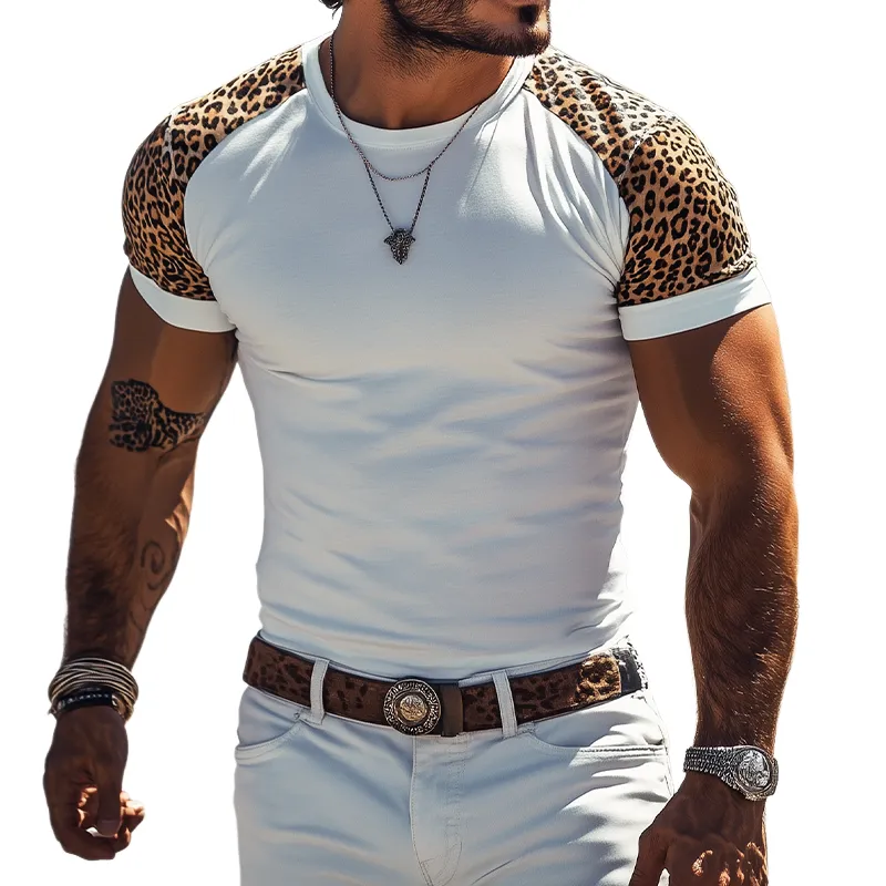 Men's Spring And Summer Fashionable Western Cowboy Style Slim Round Collar Leopard Print Cotton Blend Short-Sleeved T-Shirt MTA0850E8K sold by Manly